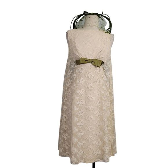 Vintage 1960s Cream Lace Overlay Short Wedding Dress Sz XS Green Birdcage Vail